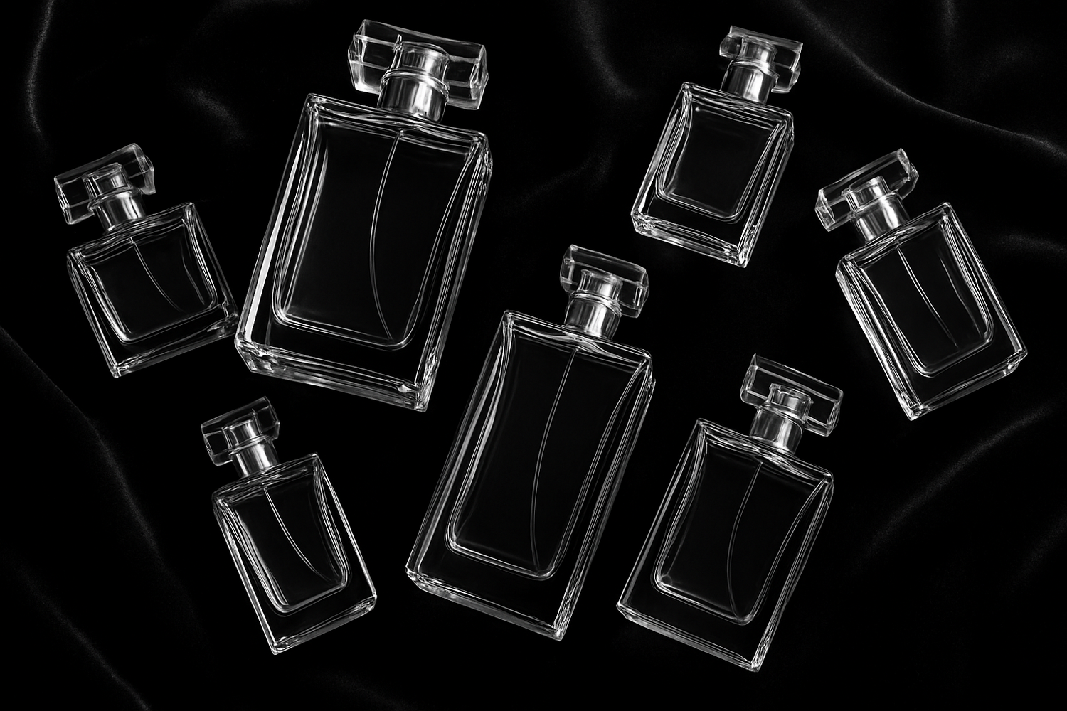 multiple clear rectangular glass perfume bottles on a black lux background 